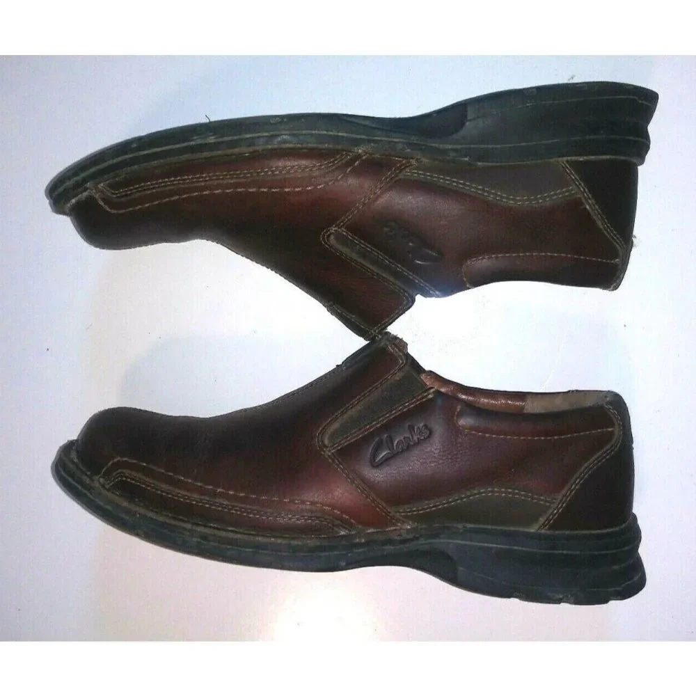 CLARKS LOAFERS mens 10M Leather Brown COTRELL Round Toe Slip On Shoes 78538 EUC